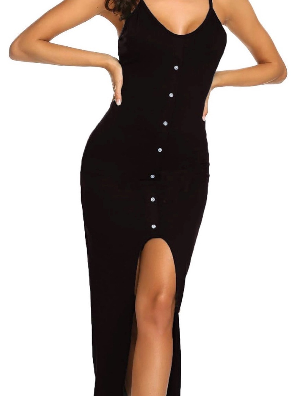 Women’s Summer Button Up Black Spaghetti-Strap Maxi Dress